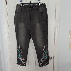 Diane Gilman DG2 Gray Cropped Jeans with Teal Embroidered Accents 18W